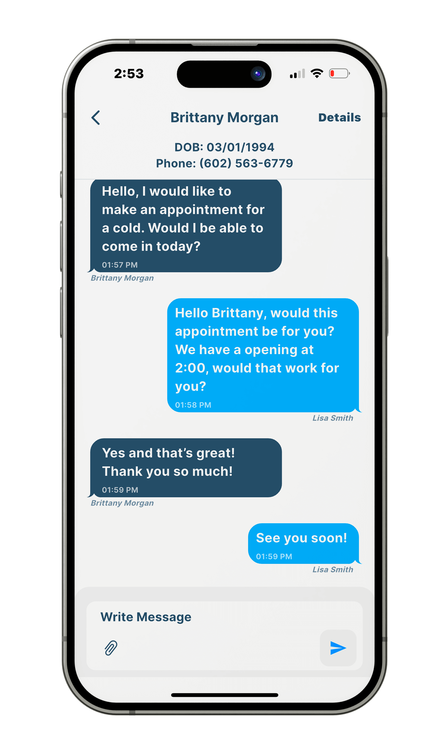 Screenshot of a text messaging service from a clinic to a patient.